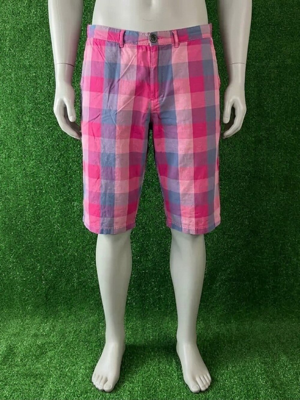 Tommy Hilfiger Denim Sasha Bermuda Shorts Men's 38 Plaid Pink Bijou Blue Y2K